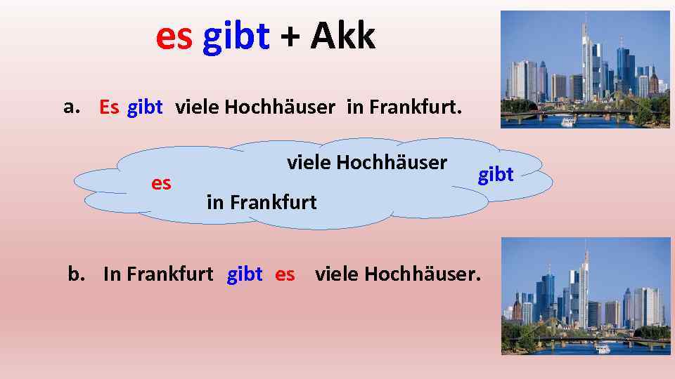 es gibt + Akk a. Es gibt viele Hochhäuser in Frankfurt. es viele Hochhäuser