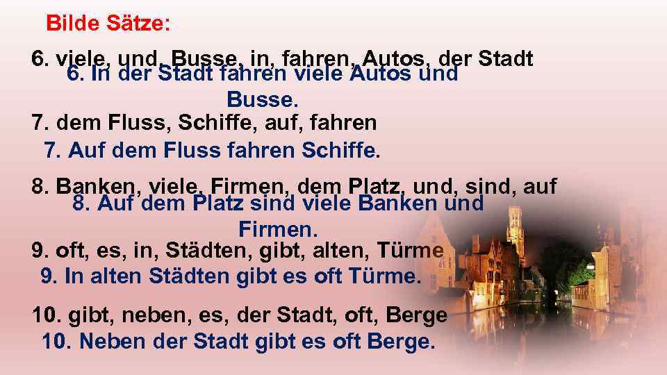 Bilde Sätze: 6. viele, und, Busse, in, fahren, Autos, der Stadt 6. In der
