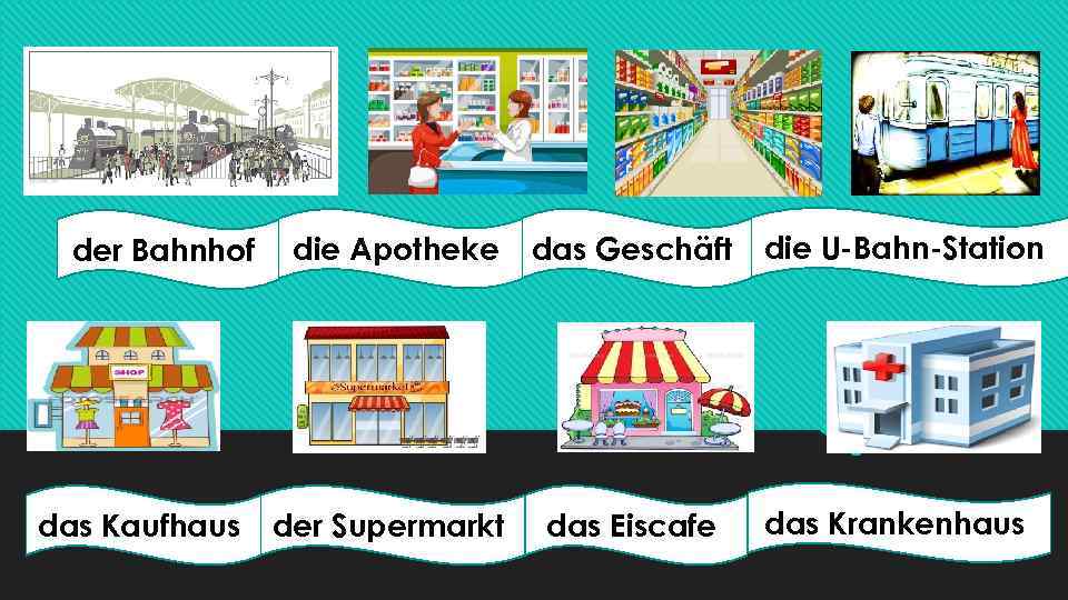 der Bahnhofк die Apothekeк das Geschäftк die U-Bahn-Stationк das Kaufhausк der Supermarktк das Eiscafeк