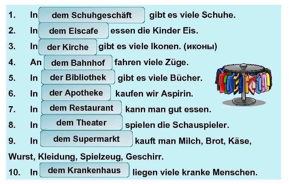 1. In ______Schuhgeschäft dem _______ gibt es viele Schuhe. 2. In ______ essen die