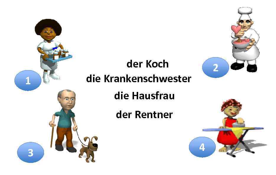 1 der Koch die Krankenschwester die Hausfrau 2 der Rentner 3 4 