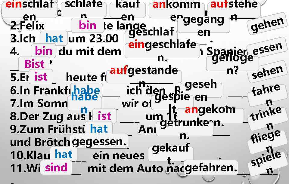 einschlafe kauf ankomm aufstehe 1. Am Montag ______ ich ins Museum _____. n en