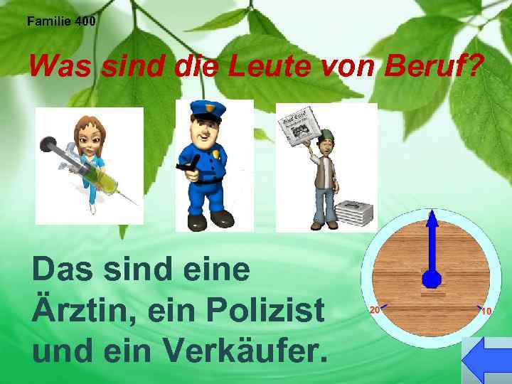 Familie 400 Was sind die Leute von Beruf? Das sind eine Ärztin, ein Polizist