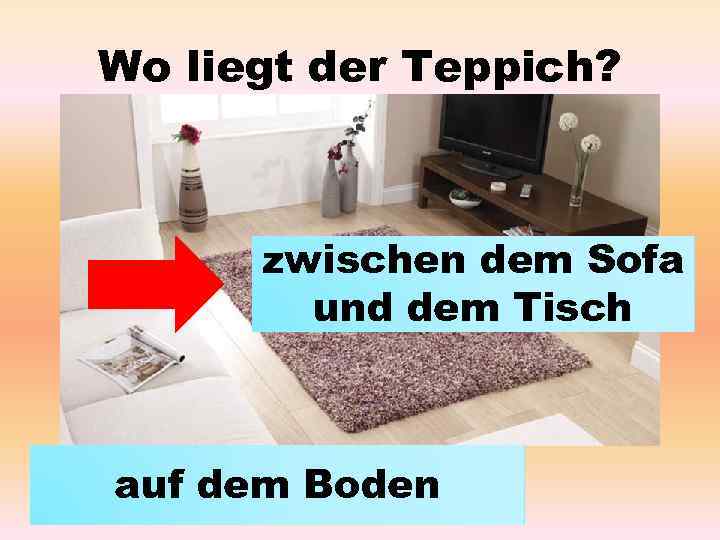 Wo liegt der Teppich? zwischen dem Sofa und dem Tisch auf dem Boden 