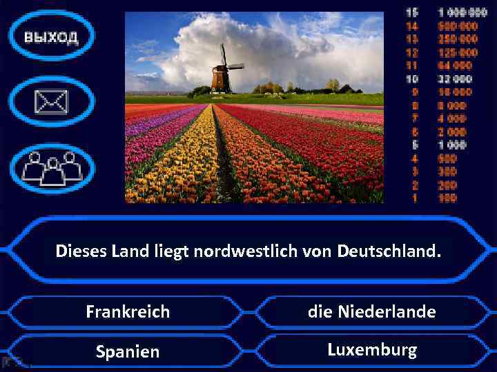 Dieses Land liegt nordwestlich von Deutschland. Frankreich die Niederlande Spanien Luxemburg 