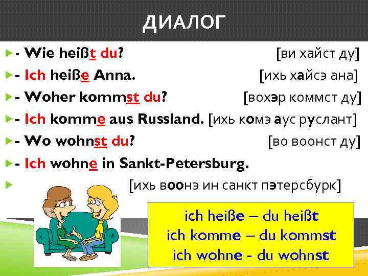 ДИАЛОГ - Wie heißt du? [ви хайст ду] - Ich heiße Anna. [ихь хайсэ