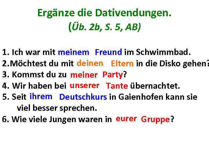 Ergänze die Dativendungen. (Üb. 2 b, S. 5, AB) meinem 1. Ich war mit