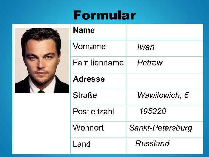 Formular Name Vorname Iwan Familienname Petrow Adresse Straße Wawilowich, 5 Postleitzahl 195220 Wohnort Land