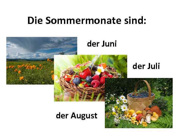 Die Sommermonate sind: der Juni der Juli der August 
