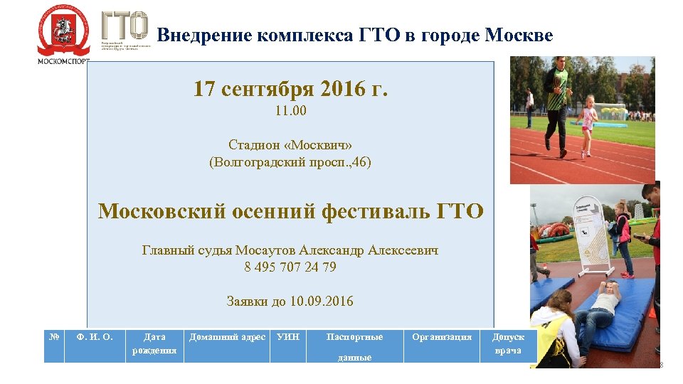 Внедрение комплекса ГТО в городе Москве 17 сентября 2016 г. 11. 00 Стадион «Москвич»