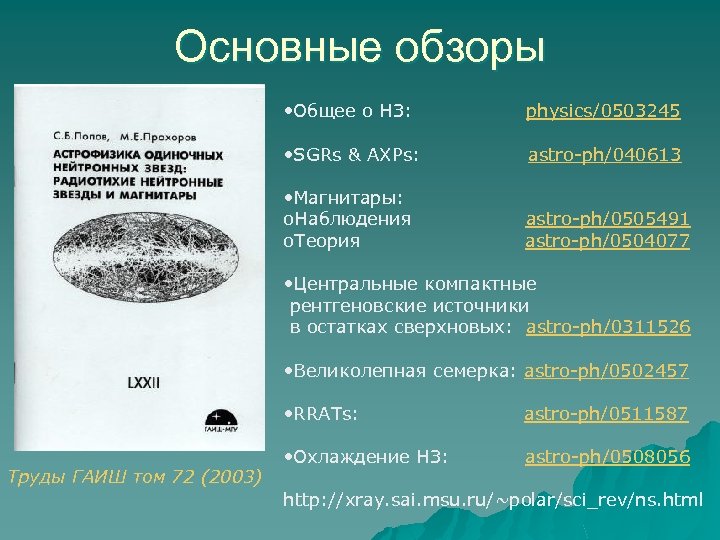Основные обзоры • Общее о НЗ: physics/0503245 • SGRs & AXPs: astro-ph/040613 • Магнитары: