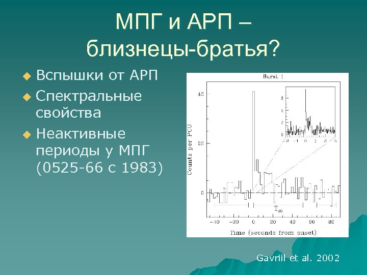 МПГ и АРП – близнецы-братья? Вспышки от АРП u Спектральные свойства u Неактивные периоды