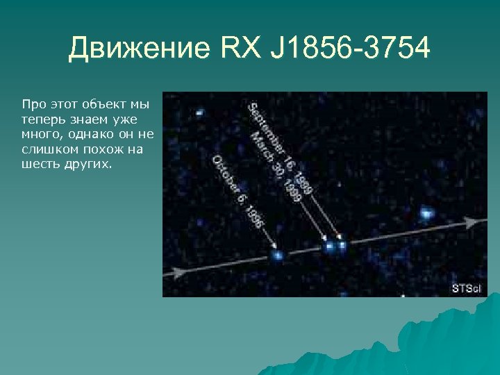 Движение RX J 1856 -3754 Про этот объект мы теперь знаем уже много, однако