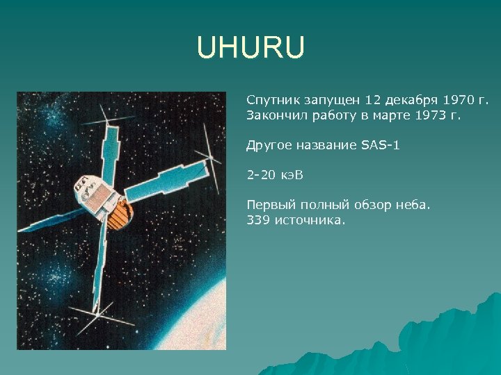 UHURU Спутник запущен 12 декабря 1970 г. Закончил работу в марте 1973 г. Другое