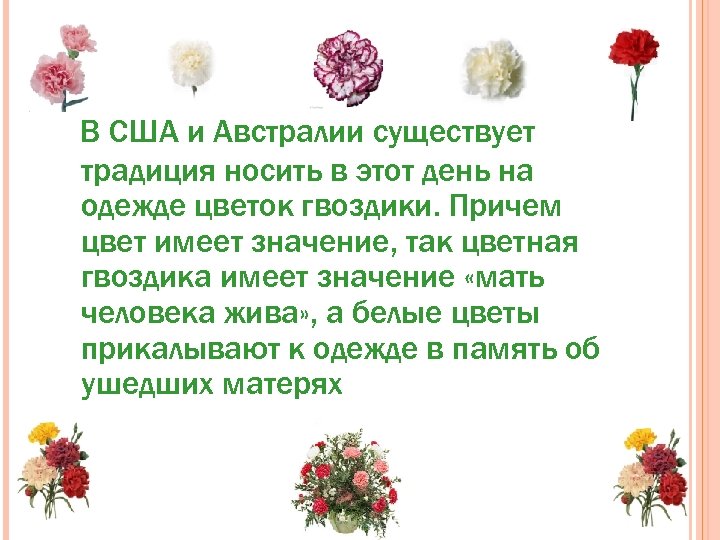 В США и Австралии существует традиция носить в этот день на одежде цветок гвоздики.