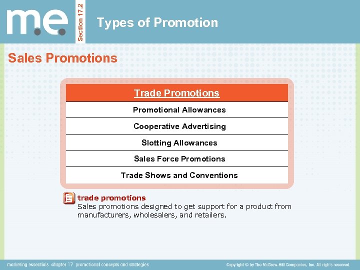 Section 17. 2 Types of Promotion Sales Promotions Trade Promotions Promotional Allowances Cooperative Advertising