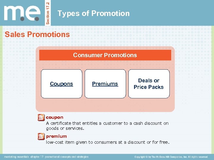 Section 17. 2 Types of Promotion Sales Promotions Consumer Promotions Coupons Premiums Deals or