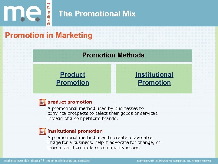 Section 17. 1 The Promotional Mix Promotion in Marketing Promotion Methods Product Promotion Institutional