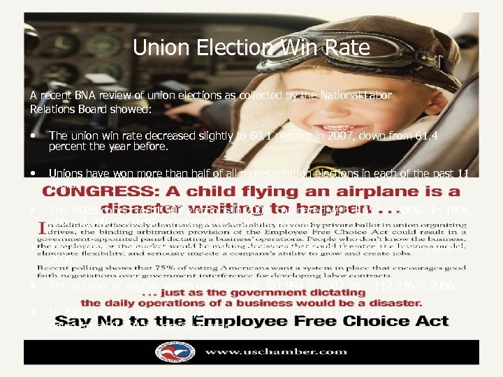 Union Election Win Rate A recent BNA review of union elections as collected by