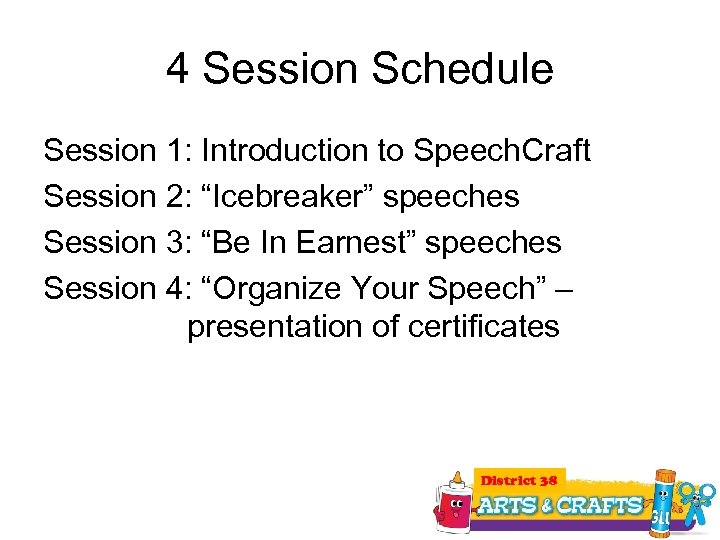 4 Session Schedule Session 1: Introduction to Speech. Craft Session 2: “Icebreaker” speeches Session