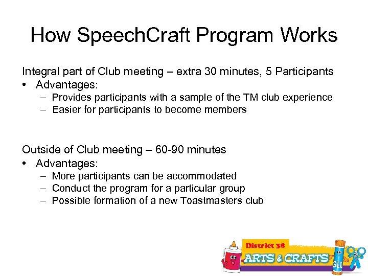 How Speech. Craft Program Works Integral part of Club meeting – extra 30 minutes,