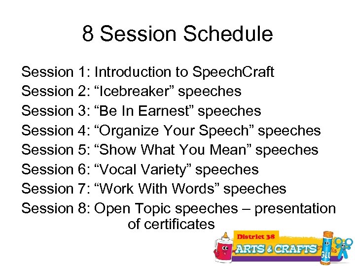 8 Session Schedule Session 1: Introduction to Speech. Craft Session 2: “Icebreaker” speeches Session