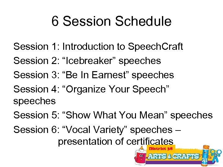 6 Session Schedule Session 1: Introduction to Speech. Craft Session 2: “Icebreaker” speeches Session