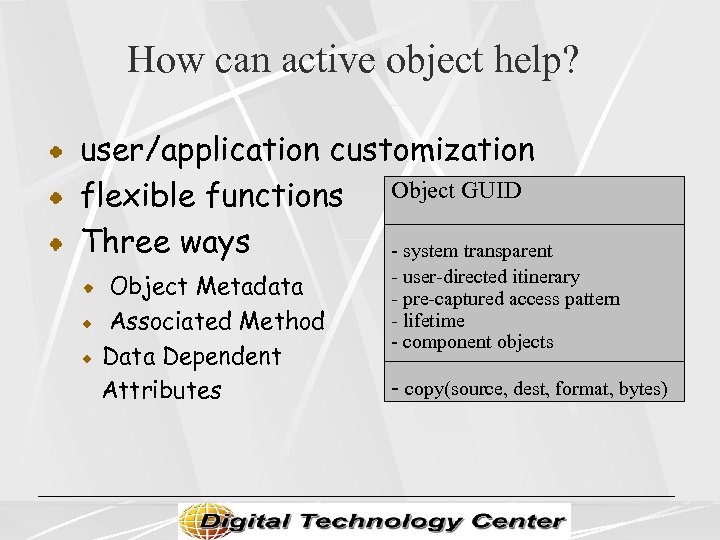 How can active object help? user/application customization flexible functions Object GUID Three ways -