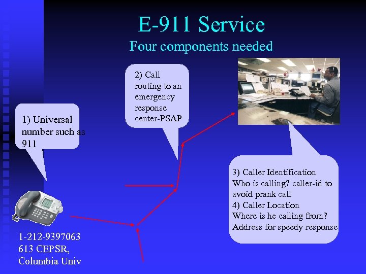 E-911 Service Four components needed 1) Universal number such as 911 1 -212 -9397063