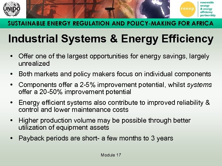 SUSTAINABLE ENERGY REGULATION AND POLICY-MAKING FOR AFRICA Industrial Systems & Energy Efficiency • Offer