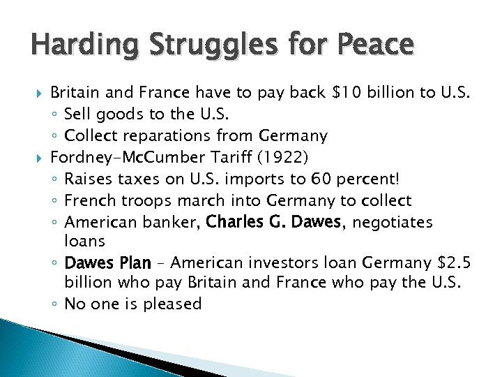 Harding Struggles for Peace Britain and France have to pay back $10 billion to