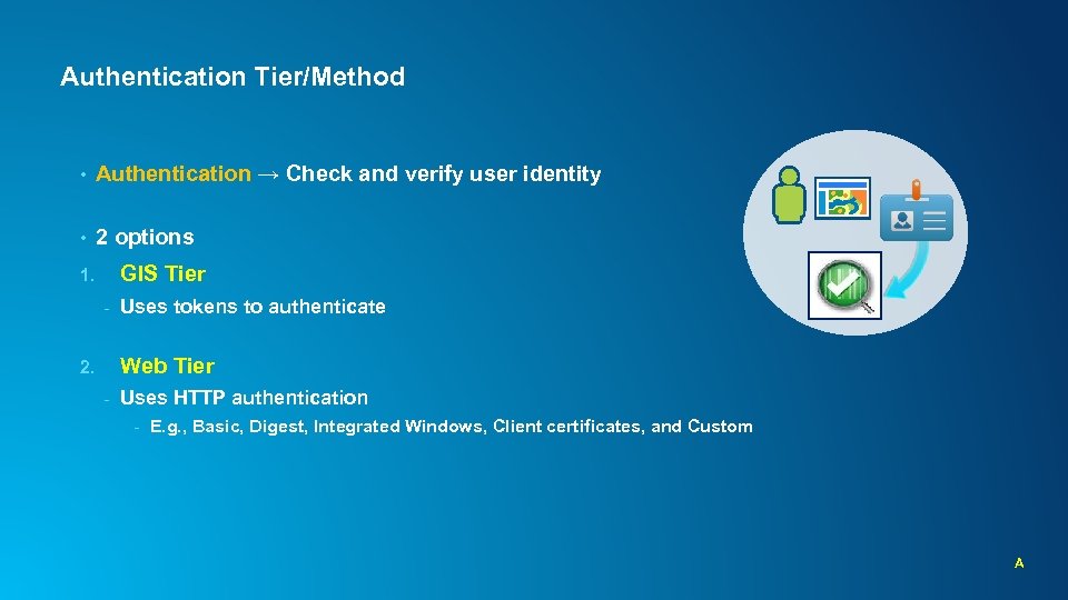 Authentication Tier/Method • Authentication → Check and verify user identity • 2 options GIS
