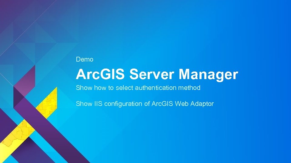 Demo Arc. GIS Server Manager Show to select authentication method Show IIS configuration of
