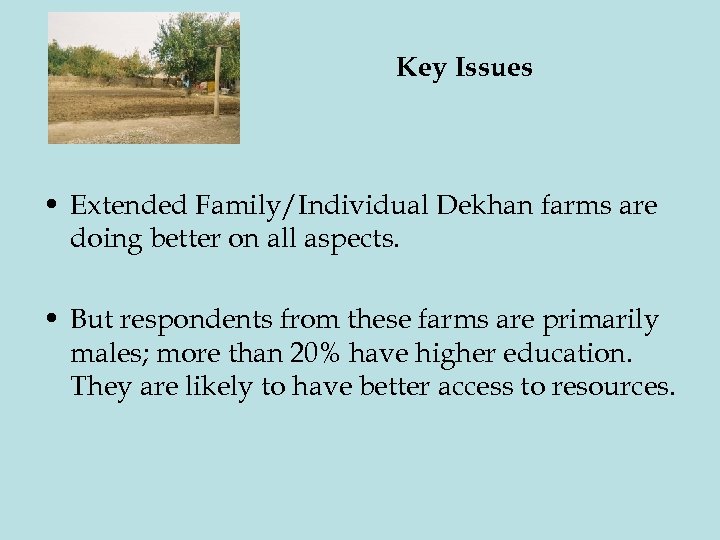 Key Issues • Extended Family/Individual Dekhan farms are doing better on all aspects. •