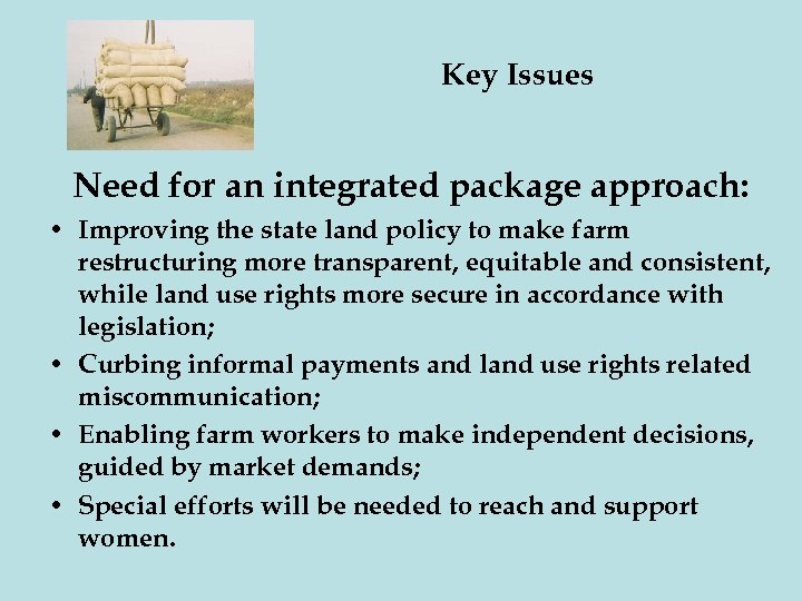 Key Issues Need for an integrated package approach: • Improving the state land policy
