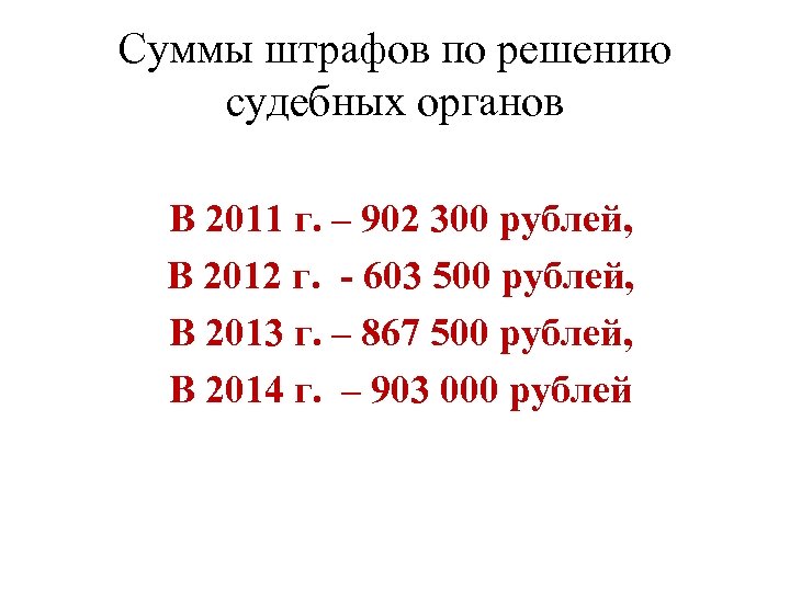 Суммы штрафов по решению судебных органов В 2011 г. – 902 300 рублей, В