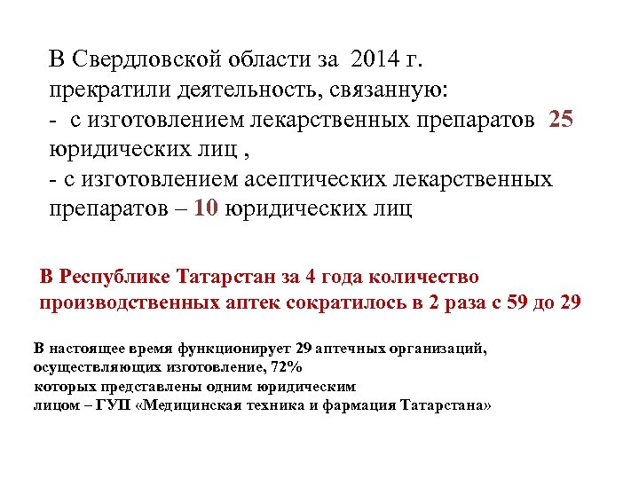 В Свердловской области за 2014 г. прекратили деятельность, связанную: - с изготовлением лекарственных препаратов