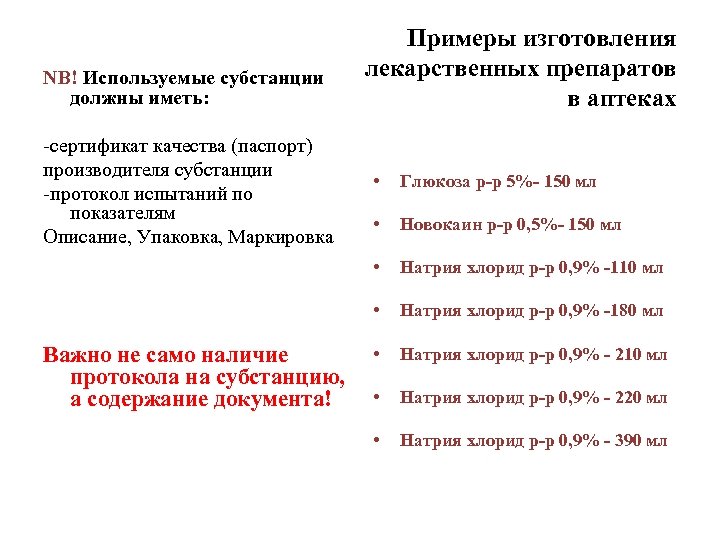 NB! Используемые субстанции должны иметь: -сертификат качества (паспорт) производителя субстанции -протокол испытаний по показателям