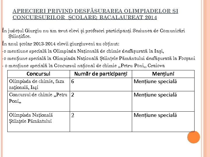 APRECIERI PRIVIND DESFĂŞURAREA OLIMPIADELOR ŞI CONCURSURILOR ŞCOLARE; BACALAUREAT 2014 În judeţul Giurgiu nu am