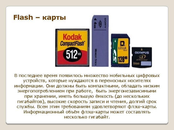 Flash – карты В последнее время появилось множество мобильных цифровых устройств, которые нуждаются в