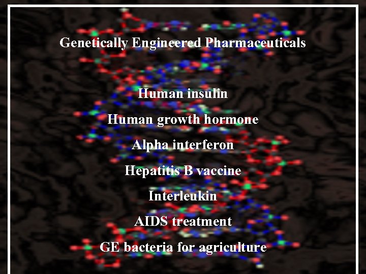 Genetically Engineered Pharmaceuticals Human insulin Human growth hormone Alpha interferon Hepatitis B vaccine Interleukin