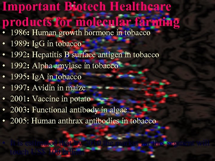 Important Biotech Healthcare products for molecular farming • • • • 1986: Human growth