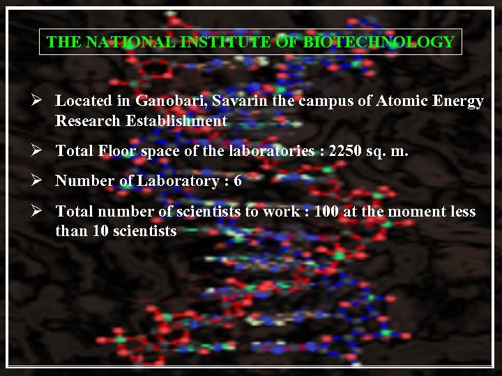 THE NATIONAL INSTITUTE OF BIOTECHNOLOGY Ø Located in Ganobari, Savarin the campus of Atomic