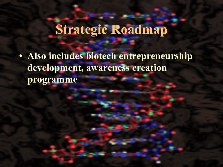 Strategic Roadmap • Also includes biotech entrepreneurship development, awareness creation programme 