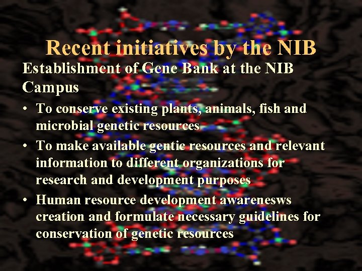 Recent initiatives by the NIB Establishment of Gene Bank at the NIB Campus •