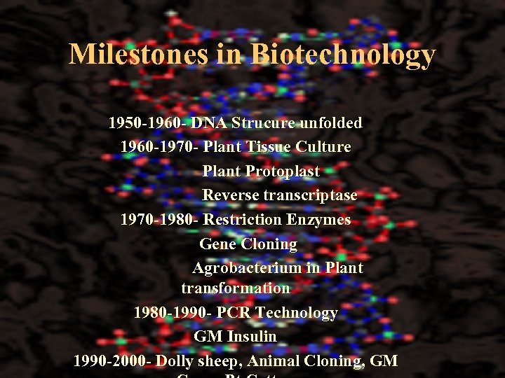 Milestones in Biotechnology 1950 -1960 - DNA Strucure unfolded 1960 -1970 - Plant Tissue