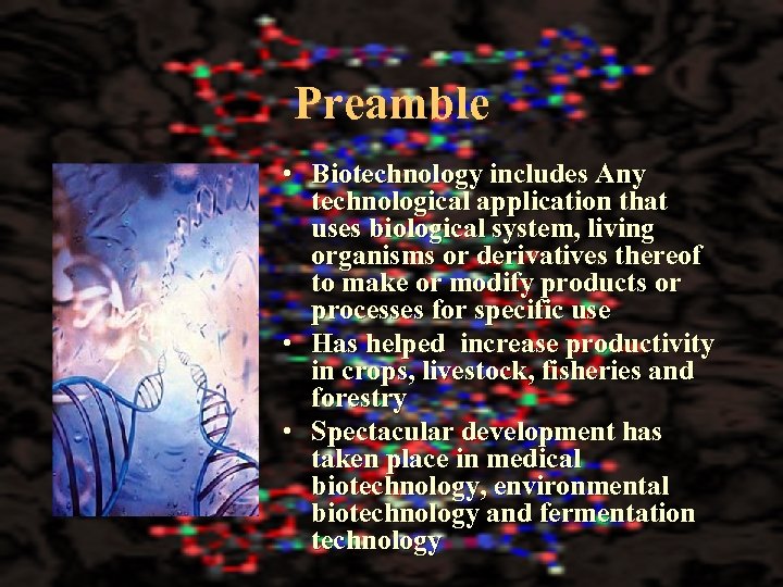 Preamble • Biotechnology includes Any technological application that uses biological system, living organisms or