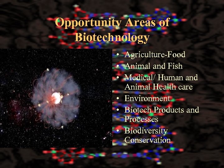 Opportunity Areas of Biotechnology • • • Agriculture-Food Animal and Fish Medical/ Human and