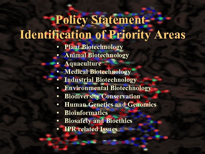 Policy Statement. Identification of Priority Areas • • • Plant Biotechnology Animal Biotechnology Aquaculture