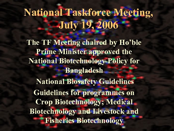 National Taskforce Meeting, July 19, 2006 The TF Meeting chaired by Ho’ble Prime Minister